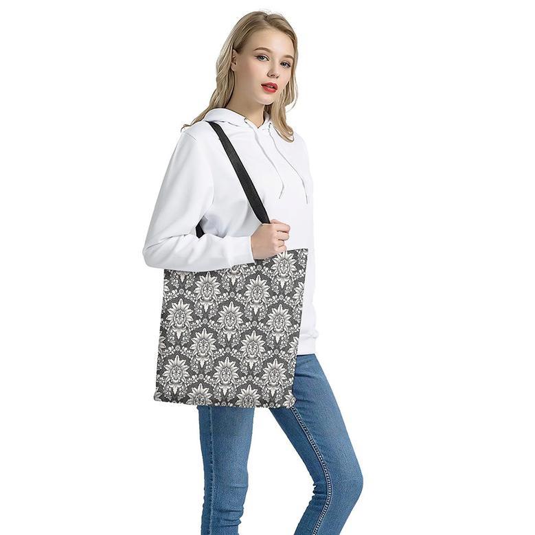 Grey Damask Pattern Print Tote Bag