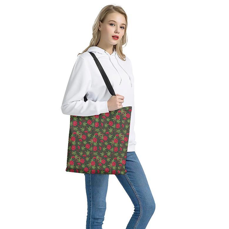 Hemp Leaves And Flowers Pattern Print Tote Bag