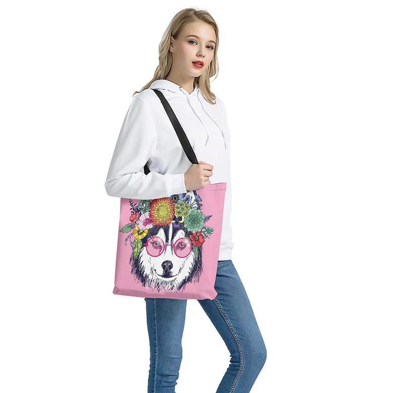 Hippie Siberian Husky Print Tote Bag