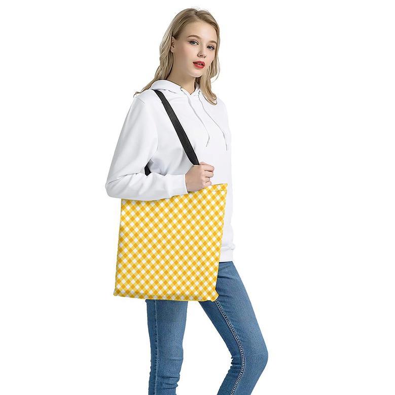 Honey Yellow And White Gingham Print Tote Bag