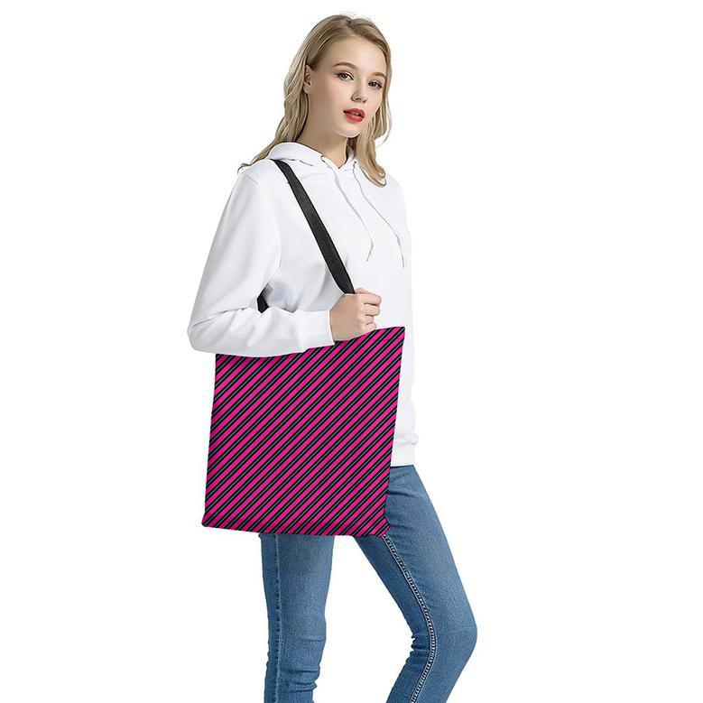 Hot Pink Black And Blue Stripes Print Tote Bag