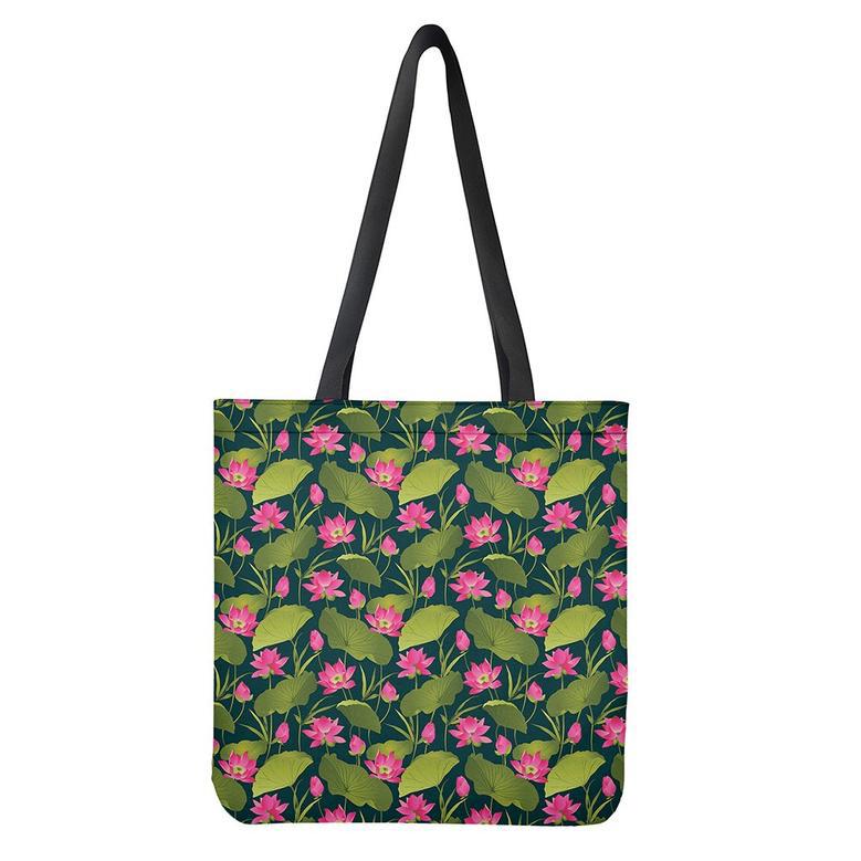 Hot Pink Lotus Pattern Print Tote Bag