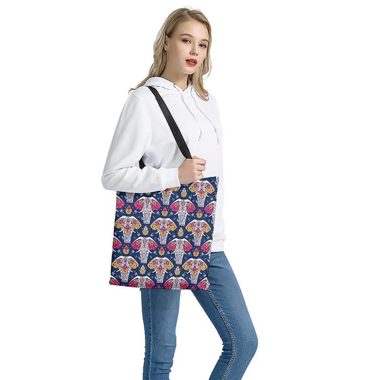 Indian Floral Elephant Pattern Print Tote Bag