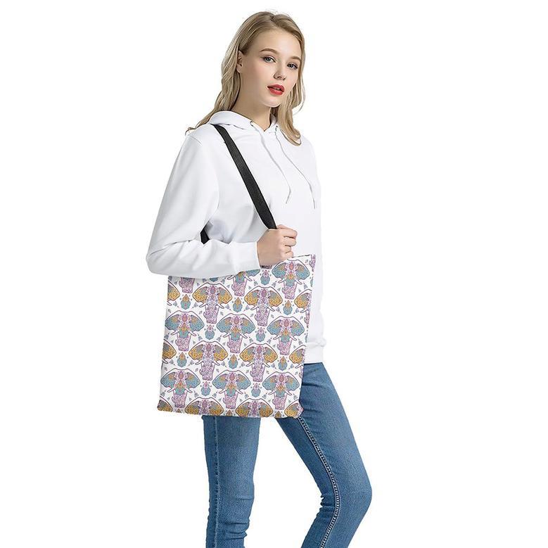 Indian Flower Elephant Pattern Print Tote Bag