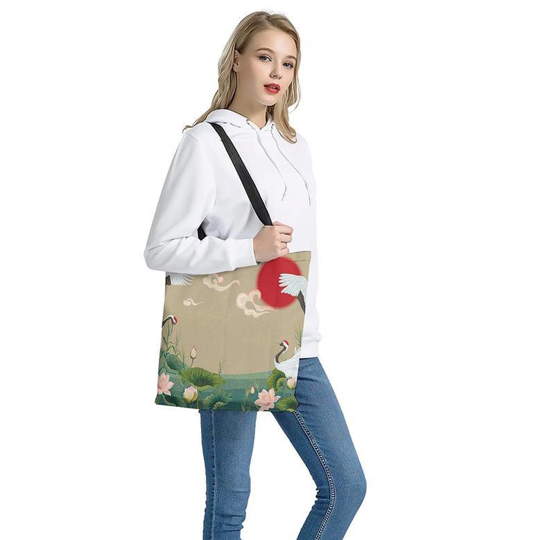 Japanese Cranes At Sunset Print Tote Bag