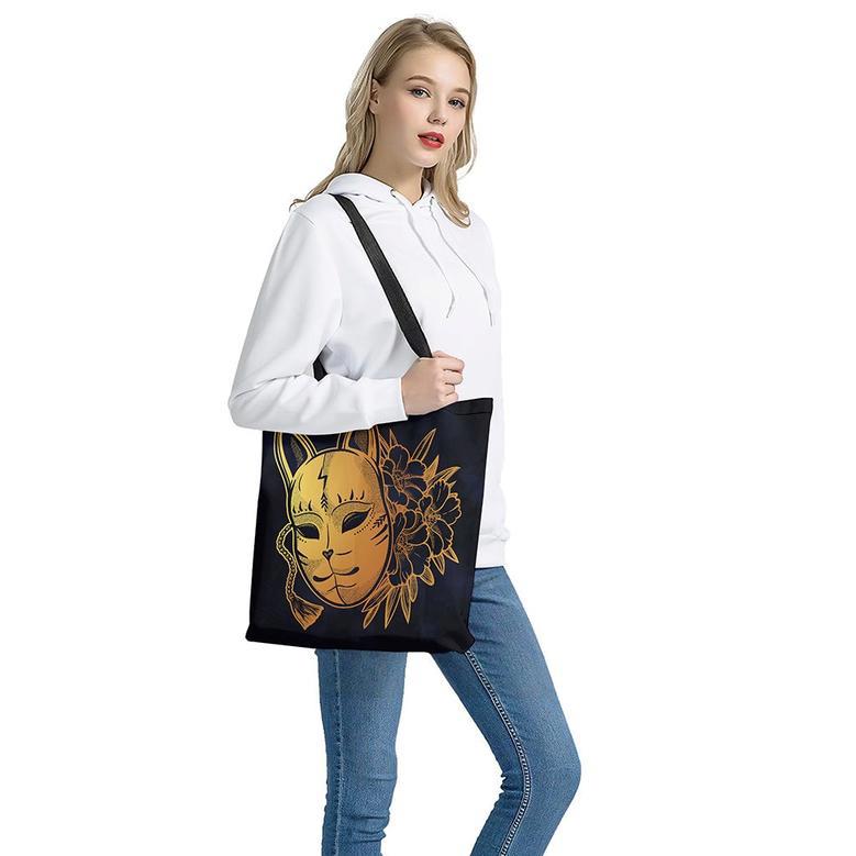 Japanese Fox Mask Print Tote Bag