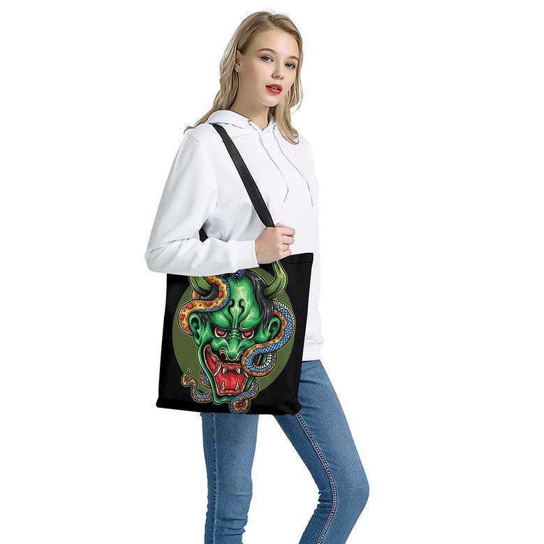 Japanese Oni Demon With Snake Print Tote Bag