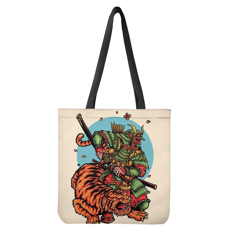 Japanese Samurai And Tiger Print Tote Bag