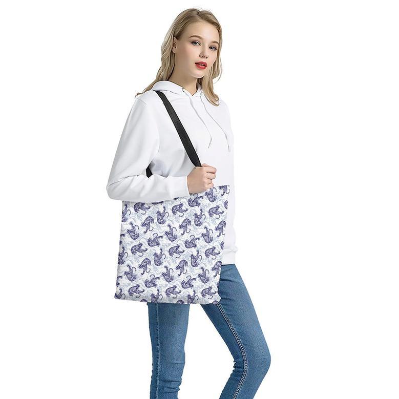 Japanese White Tiger Pattern Print Tote Bag