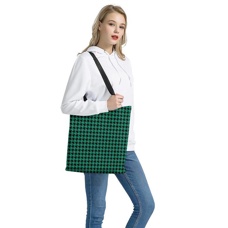 Jungle Green And Black Houndstooth Print Tote Bag