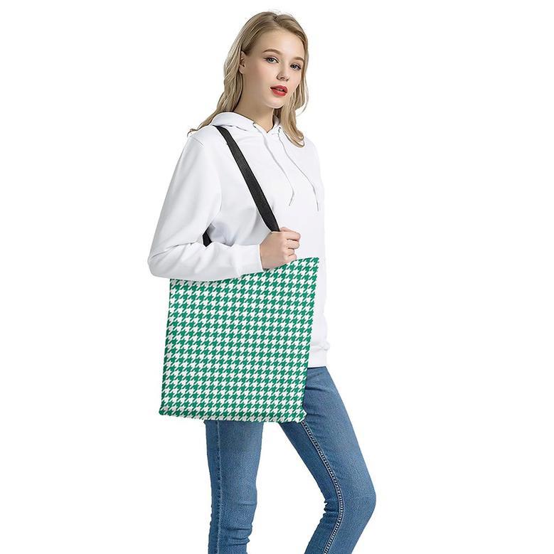 Jungle Green And White Houndstooth Print Tote Bag