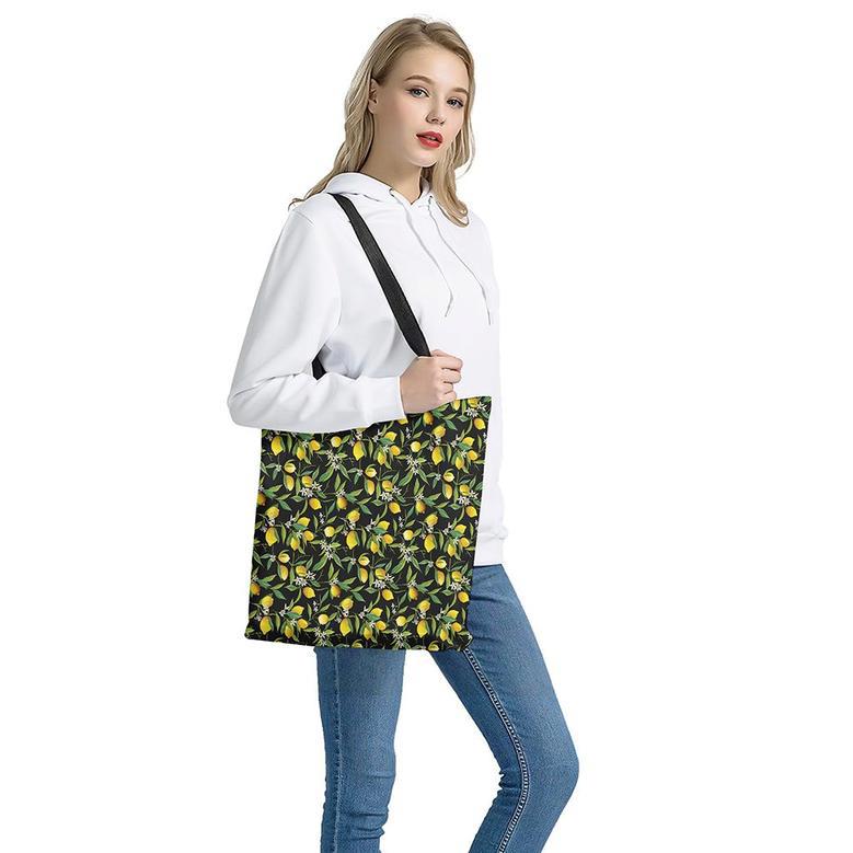 Lemon And Flower Pattern Print Tote Bag