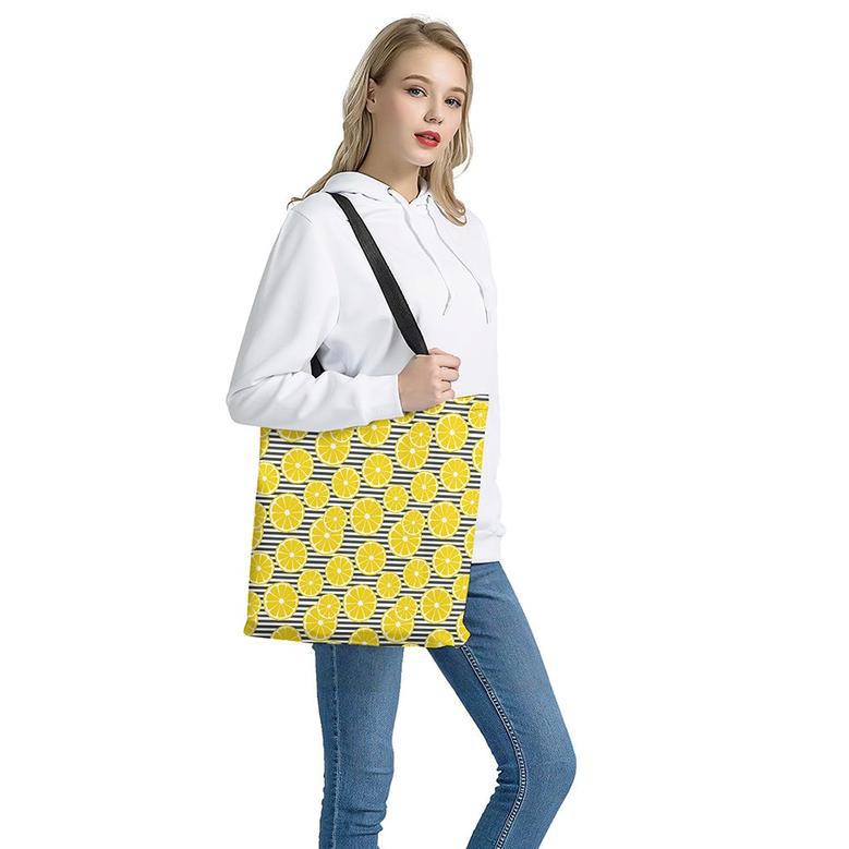 Lemon Striped Pattern Print Tote Bag