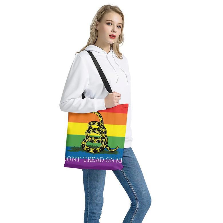 Lgbt Rainbow Gadsden Flag Print Tote Bag