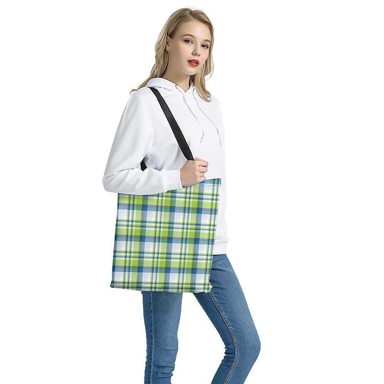 Lime And Blue Madras Plaid Print Tote Bag