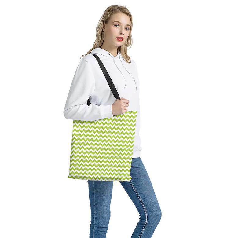 Lime Green And White Chevron Print Tote Bag