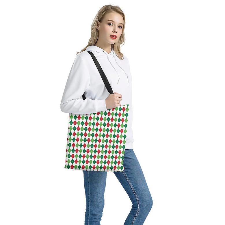 Merry Christmas Argyle Pattern Print Tote Bag