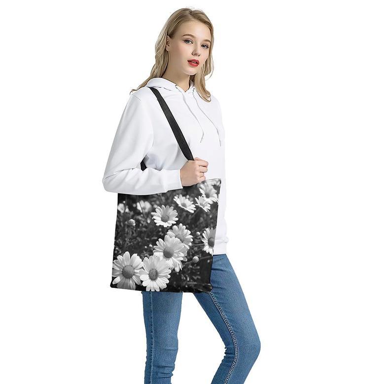 Monochrome Daisy Flower Print Tote Bag