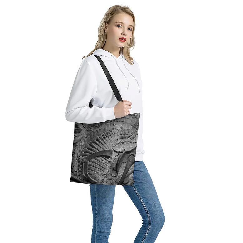 Monochrome Dinosaur Fossil Print Tote Bag