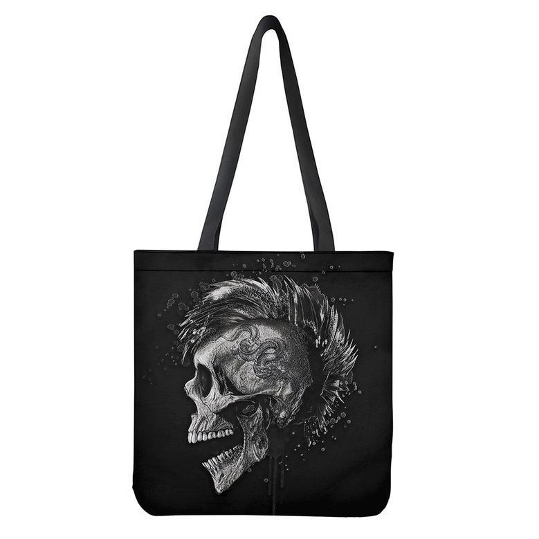 Monochrome Punk Skull Print Tote Bag