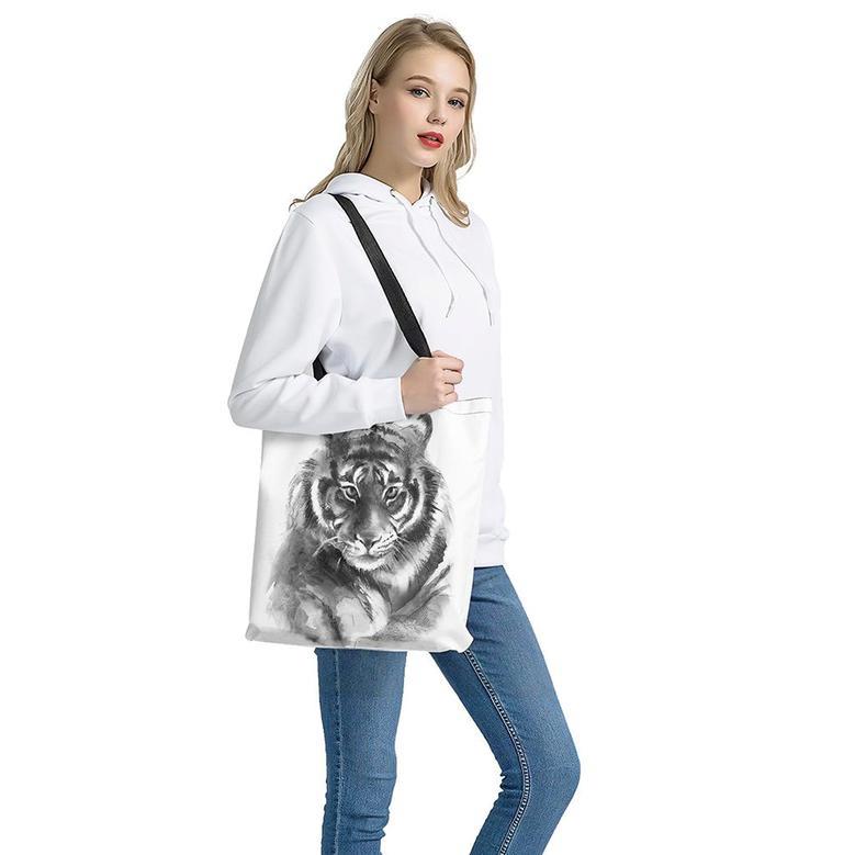 Monochrome Watercolor White Tiger Print Tote Bag