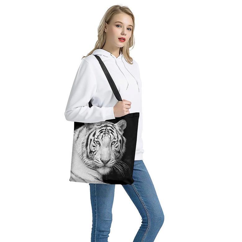 Monochrome White Bengal Tiger Print Tote Bag