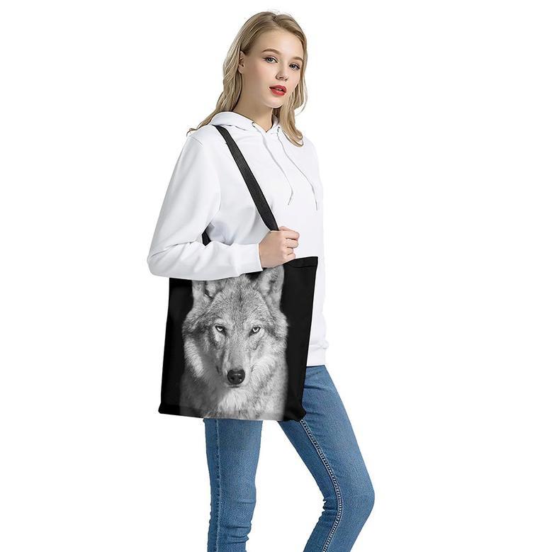 Monochrome Wolf Print Tote Bag