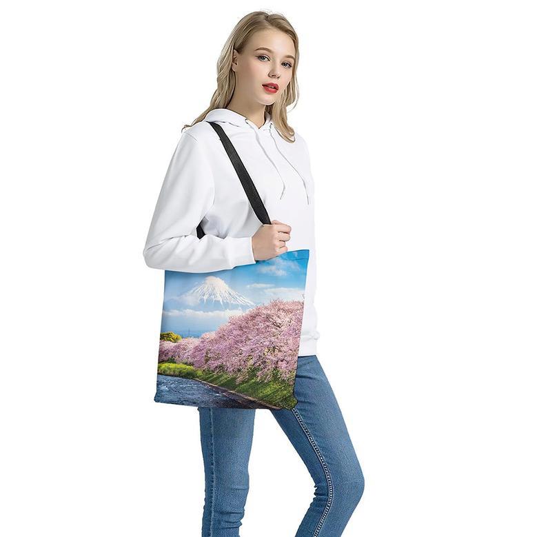 Mount Fuji And Cherry Blossom Print Tote Bag