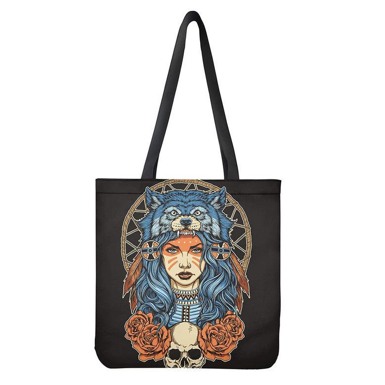 Native American Wolf Girl Print Tote Bag