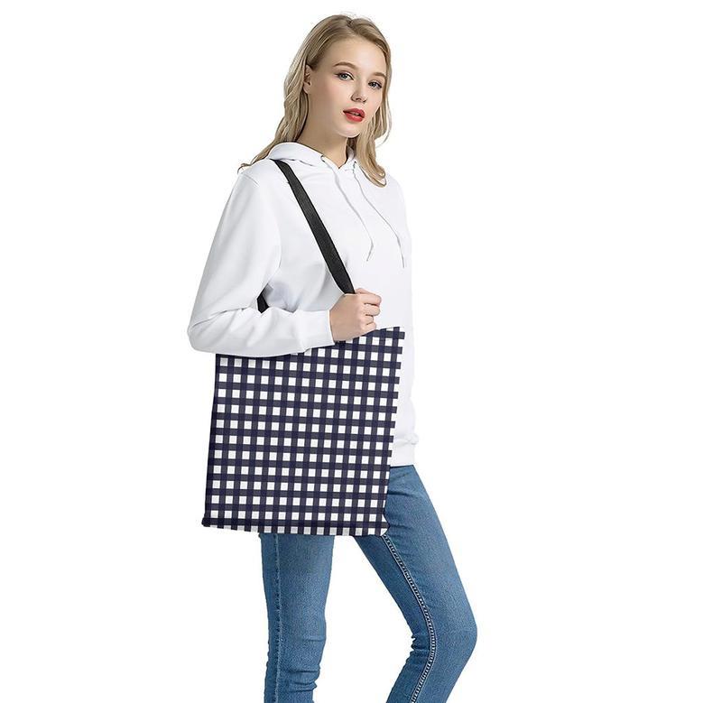 Navy And White Check Pattern Print Tote Bag