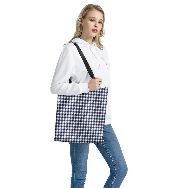 Navy And White Gingham Pattern Print Tote Bag