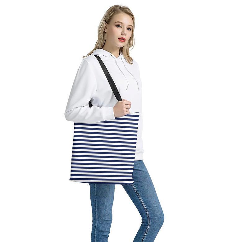 Navy And White Striped Pattern Print Tote Bag