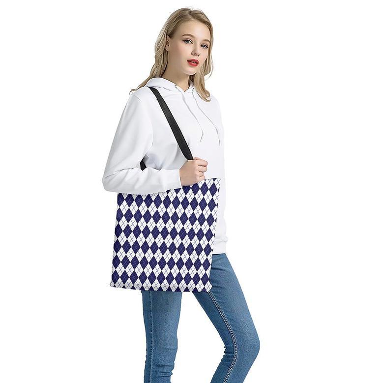 Navy Blue And White Argyle Pattern Print Tote Bag