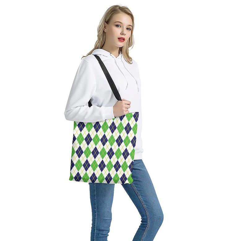 Navy Green And White Argyle Print Tote Bag