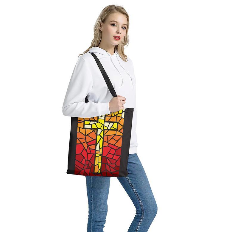 Orange And Red Stained Glass Cross Print Tote Bag