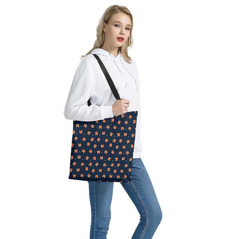 Orange Fox Pattern Print Tote Bag