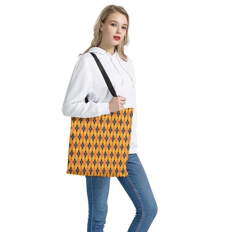 Orange Halloween Argyle Pattern Print Tote Bag