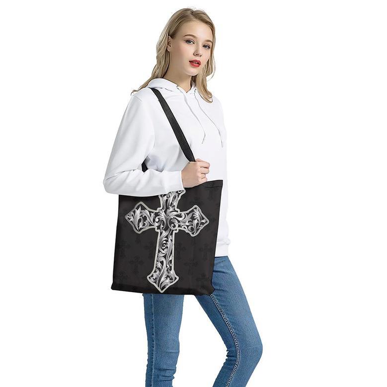 Ornamental Silver Cross Print Tote Bag