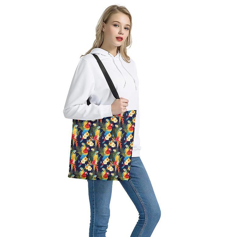 Parrot And Flower Pattern Print Tote Bag