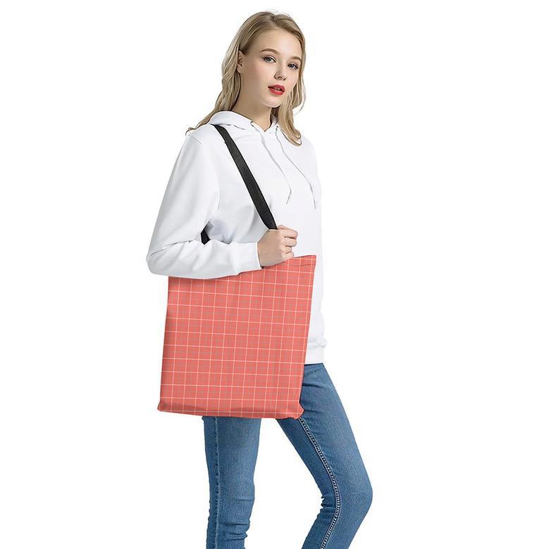 Pastel Red Tattersall Pattern Print Tote Bag