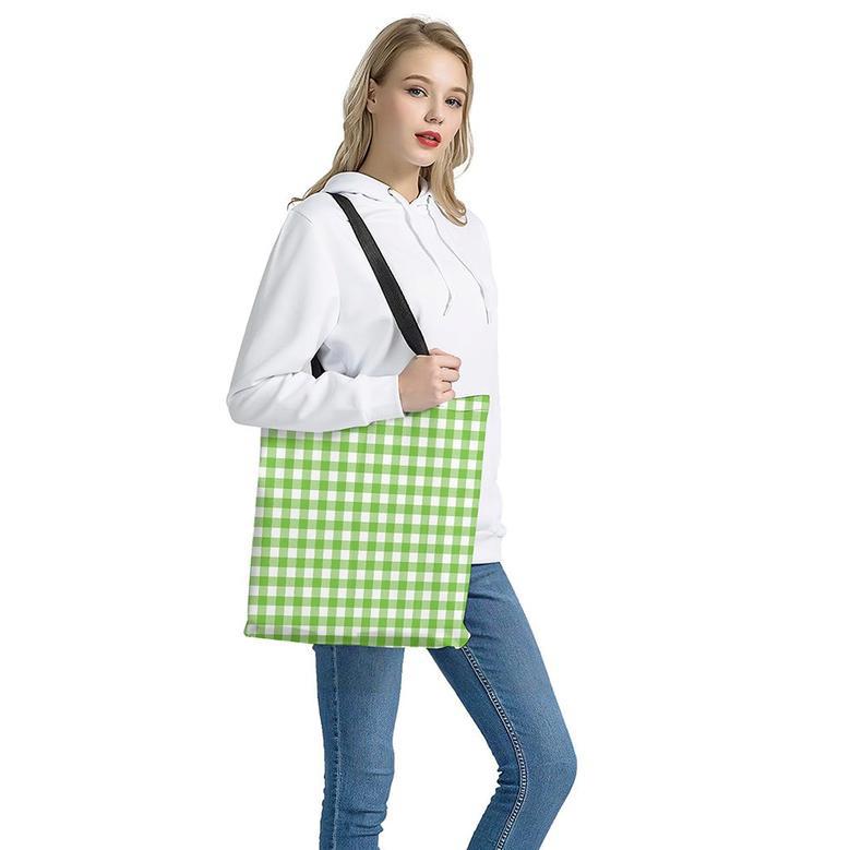 Pear Green And White Gingham Print Tote Bag