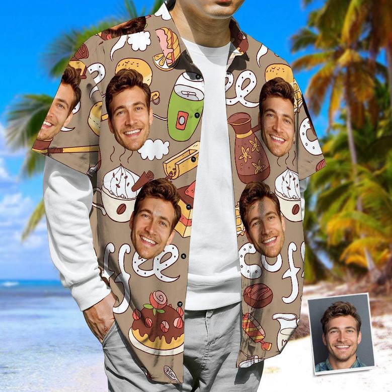 Personalized Face Hawaiian Shirt Coffee & Cake &Honey Casual Tropical Button-Down Shirt