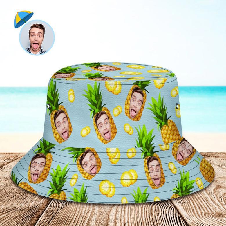 Personalized Photo Gift Funny Cartoon Pineapple Bucket Hat Hawaiian Fisherman Hat