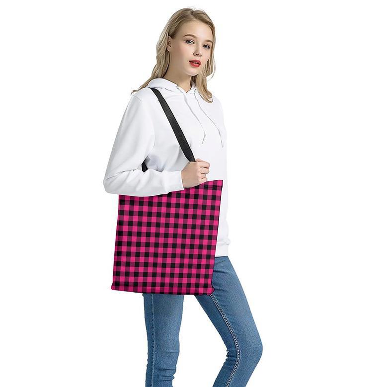 Pink And Black Buffalo Plaid Print Tote Bag