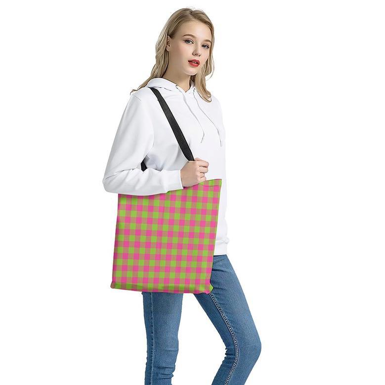 Pink And Green Buffalo Plaid Print Tote Bag