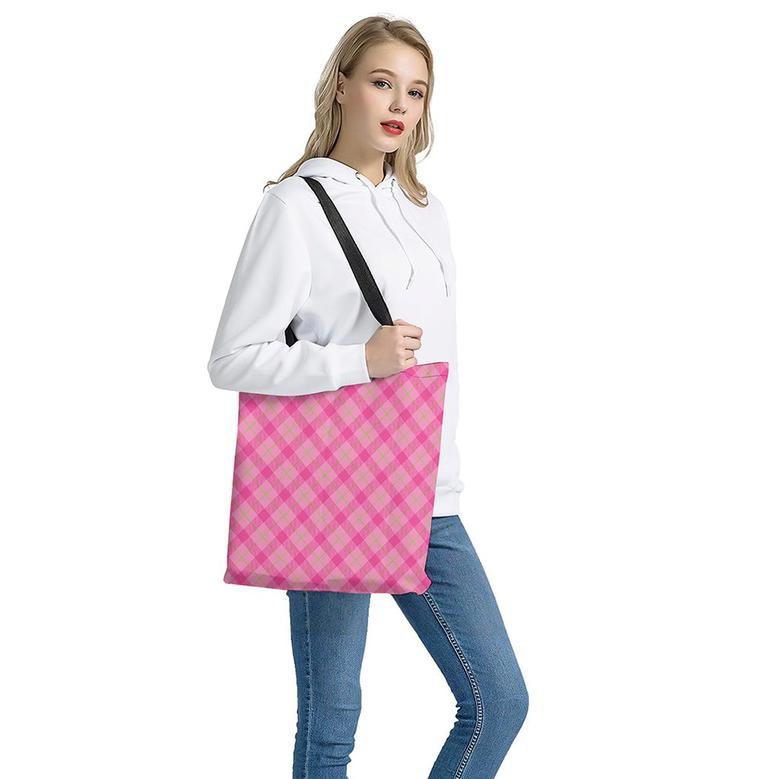 Pink And Green Plaid Pattern Print Tote Bag