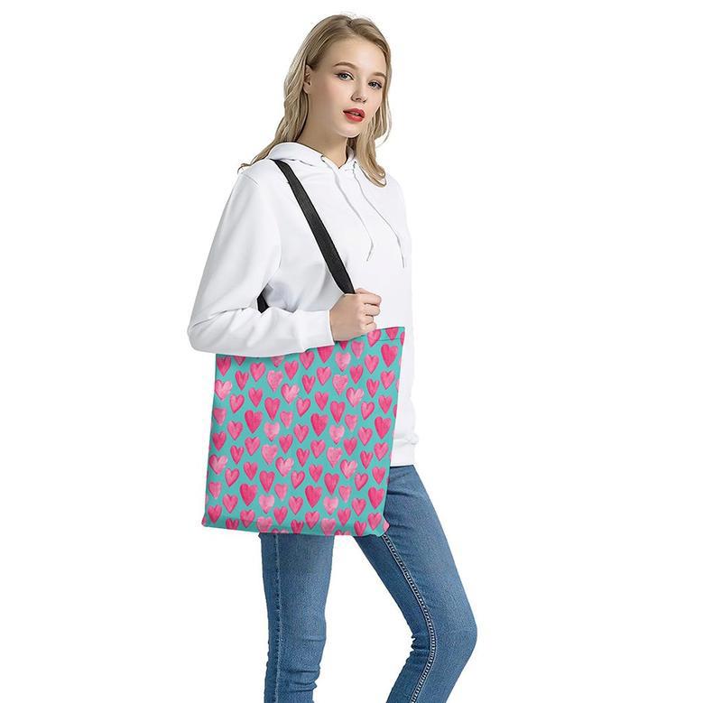 Pink And Teal Watercolor Heart Print Tote Bag