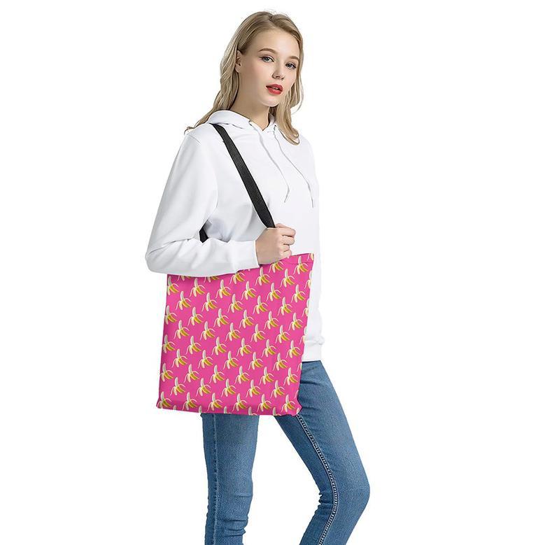 Pink Banana Pattern Print Tote Bag