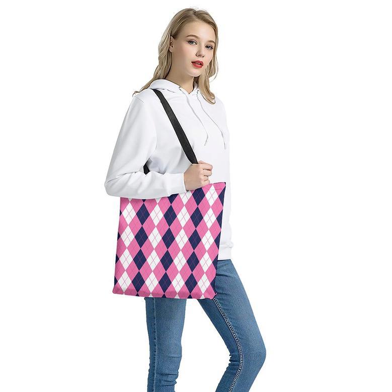 Pink Blue And White Argyle Pattern Print Tote Bag