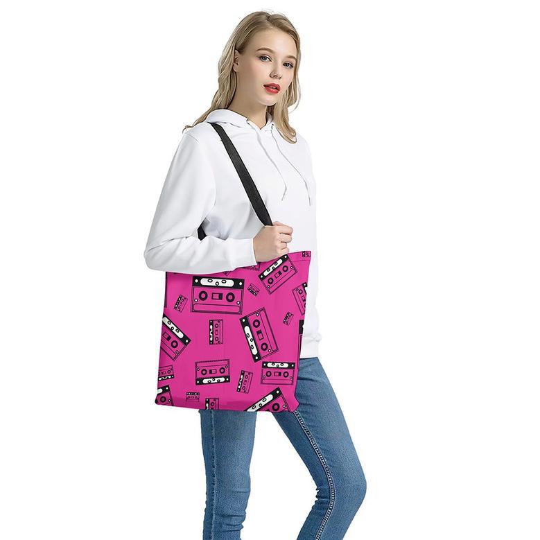 Pink Cassette Tape Pattern Print Tote Bag